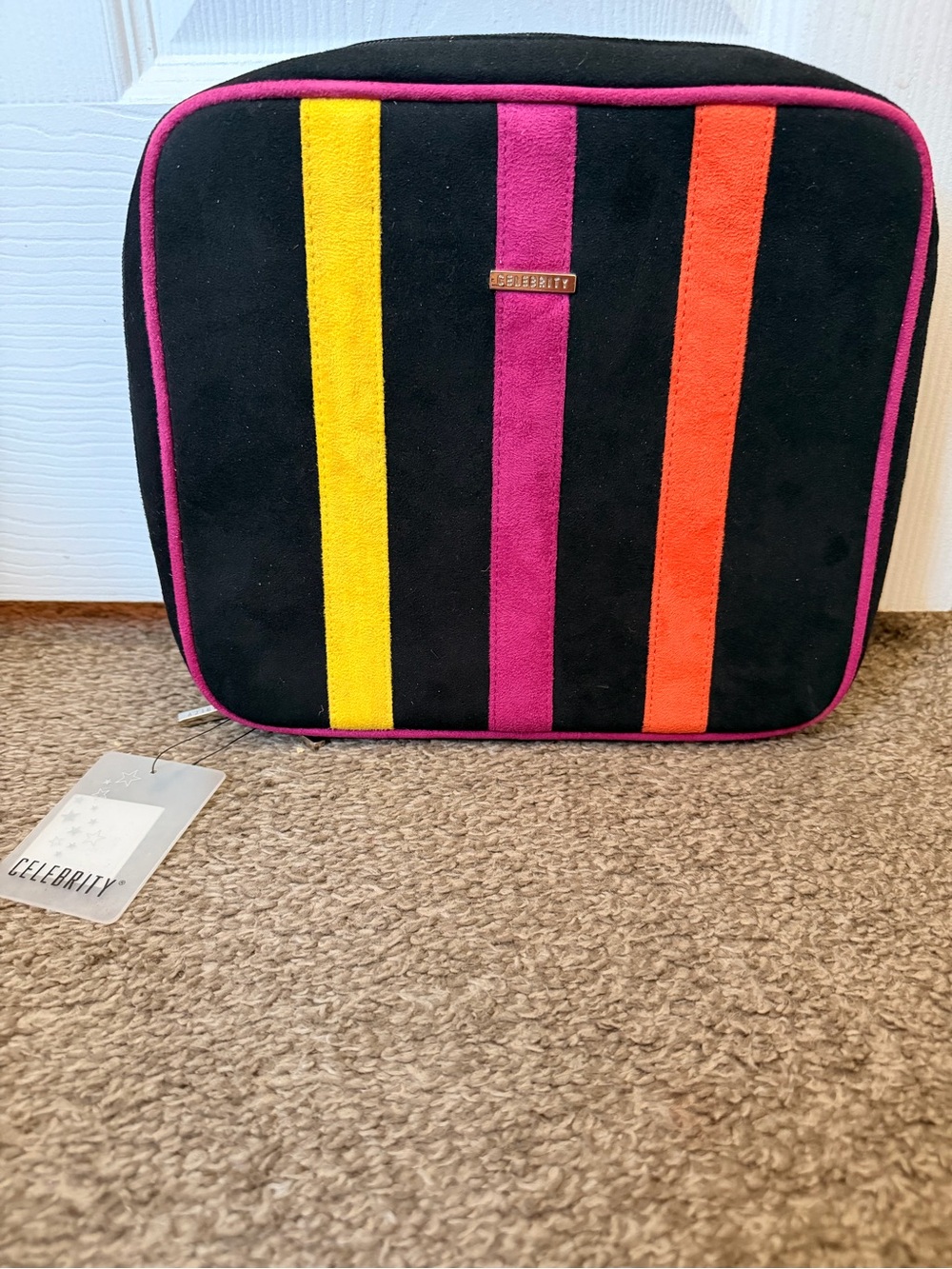 Celebrity Pink Black Cosmetic Case with Pink, Yellow & Orange Stripes